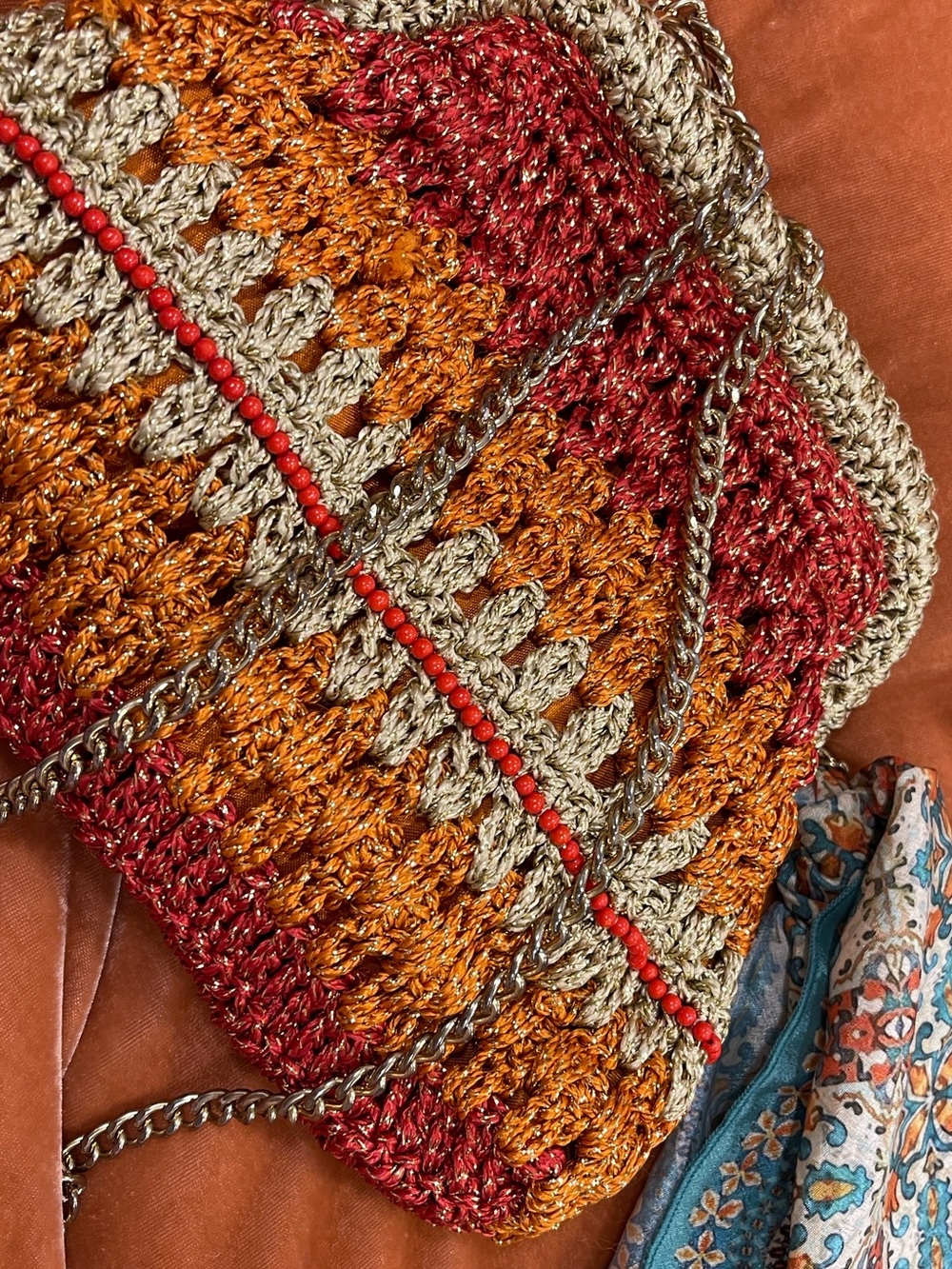 Free People Crocheted Crossbody Bag in Red, Orange, Tan - Picture 10 of 12